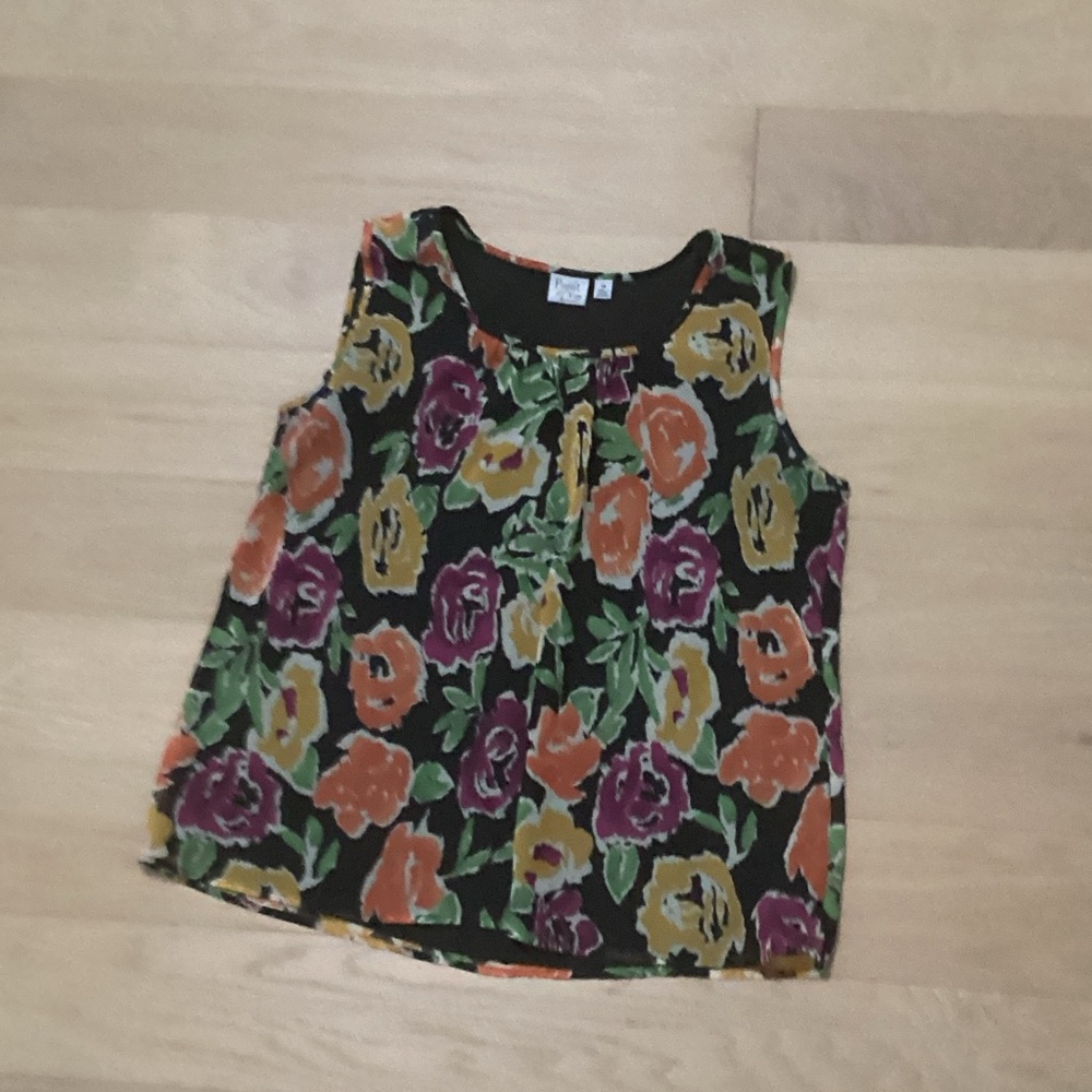 Sleeveless Floral Tank Top in Black with Orange & Purple Blooms